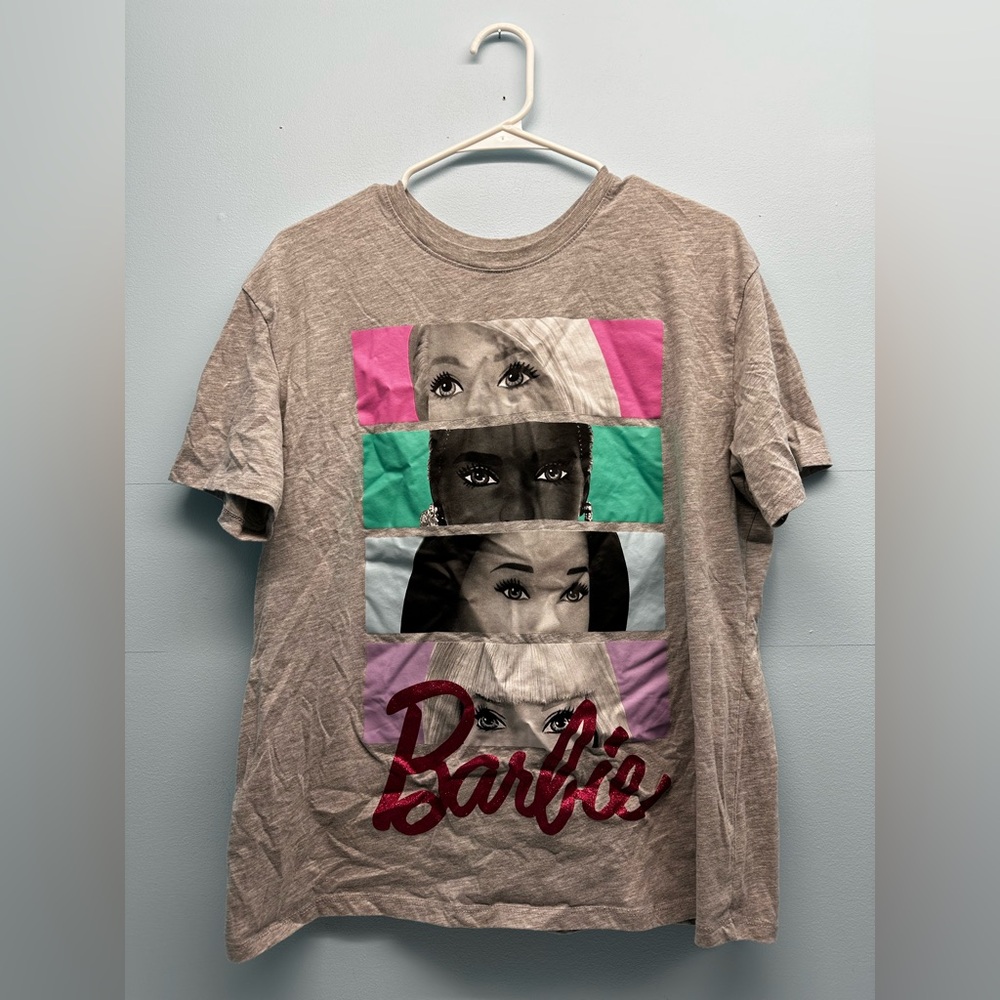 Girls Mattel Barbie Kids Short Sleeve T-Shirt Tan with Pink and Green Accents XL